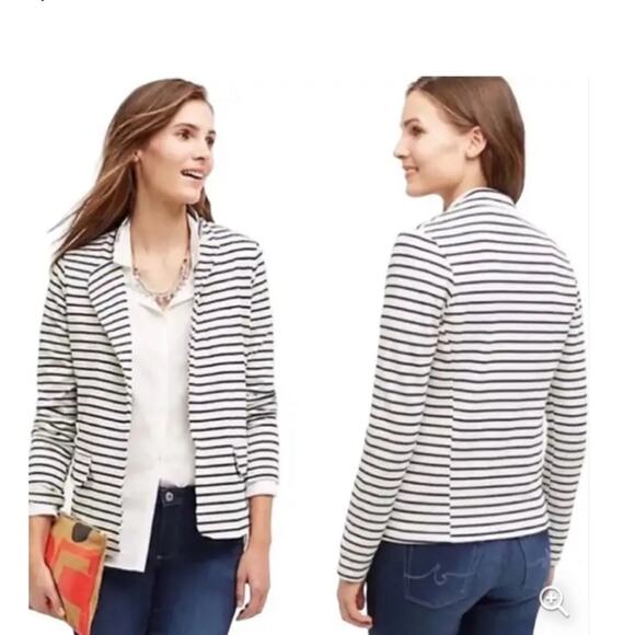 Anthropologie Dolan Nautical Gray Navy Blue Striped Blazer Jacket Size Small - Picture 2 of 8